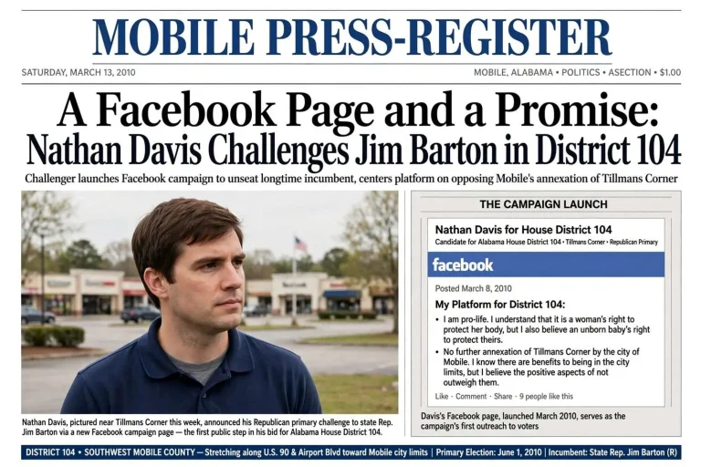 Illustration for the news story: A Facebook Page and a Promise: Nathan Davis Challenges Jim Barton in District 104