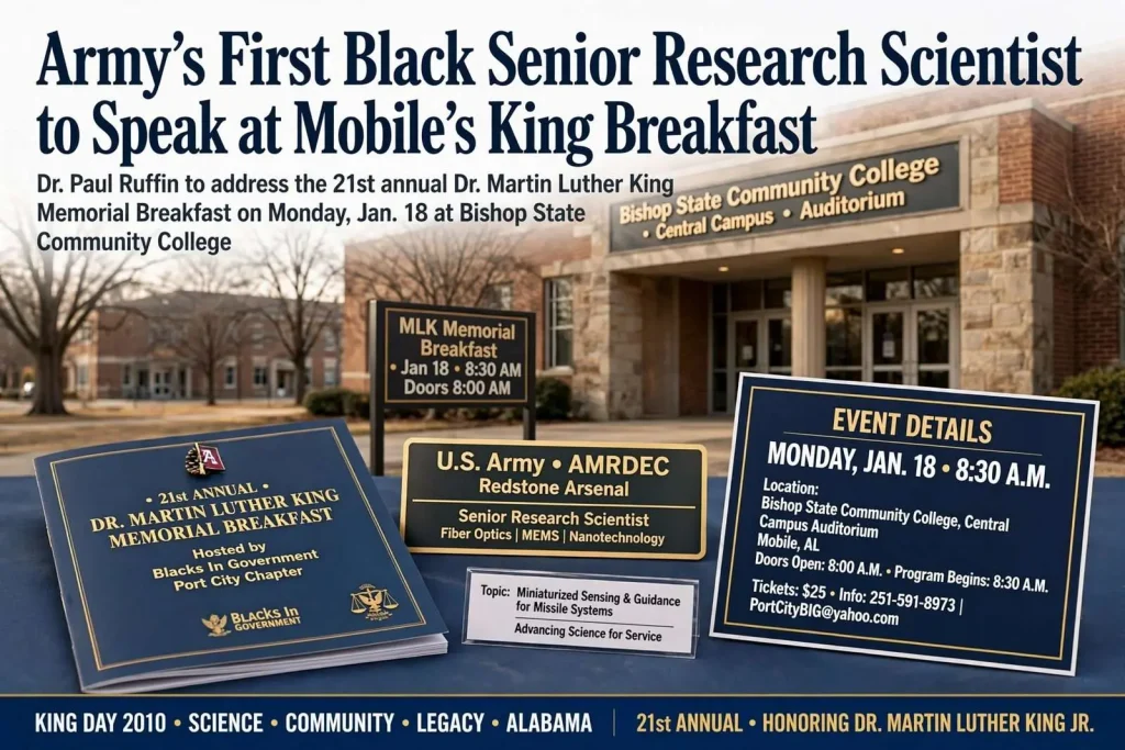 Illustration for the news story: Army’s First Black Senior Research Scientist to Speak at Mobile’s King Breakfast