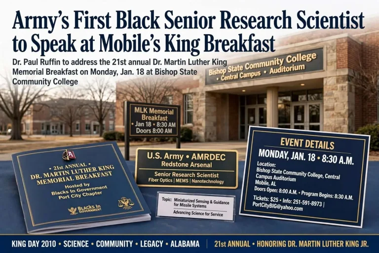 Illustration for the news story: Army’s First Black Senior Research Scientist to Speak at Mobile’s King Breakfast