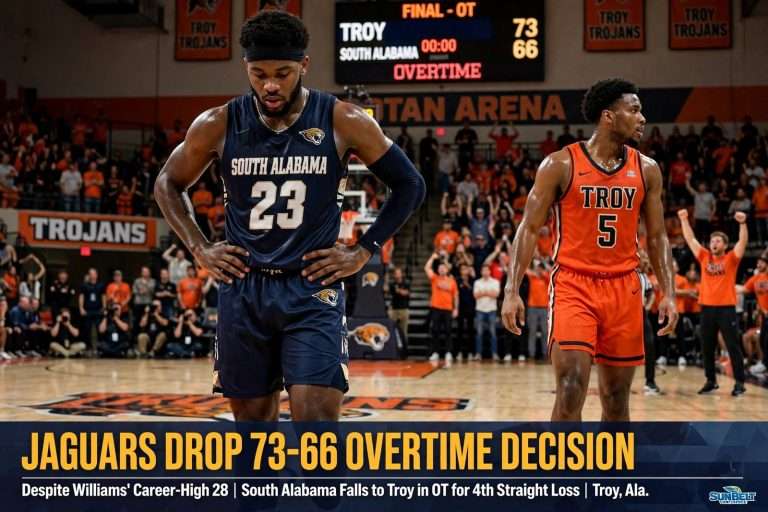 Illustration for the news story: South Alabama at Troy: Jaguars Drop 73-66 Overtime Decision Despite Williams’ Career-High 28