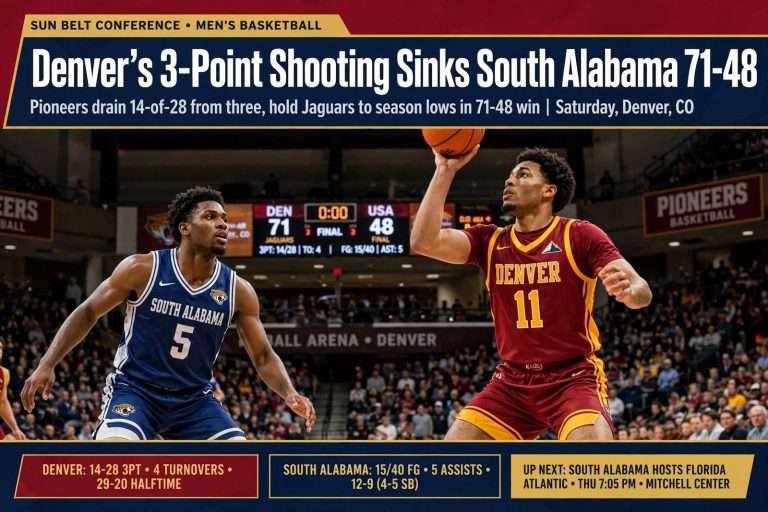 Illustration for the news story: Denver’s 3-Point Shooting Sinks South Alabama 71-48