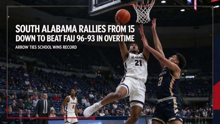 Illustration for the news story: South Alabama Rallies From 15 Down to Beat FAU 96-93 in Overtime; Arrow Ties School Wins Record