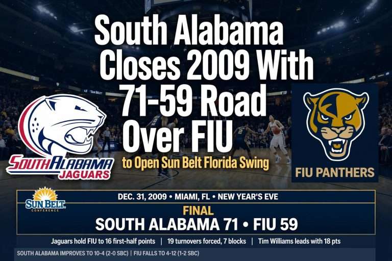 Illustration for the news story: South Alabama Closes 2009 With 71-59 Road Win Over FIU to Open Sun Belt Florida Swing