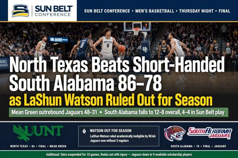 Illustration for the news story: North Texas Beats Short-Handed South Alabama 86-78 as LaShun Watson Ruled Out for Season