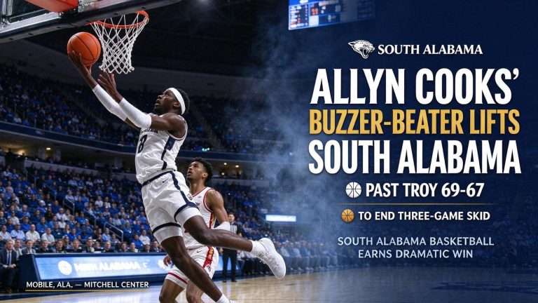 Illustration for the news story: Allyn Cooks’ Buzzer-Beater Lifts South Alabama Past Troy 69-67 to End Three-Game Skid