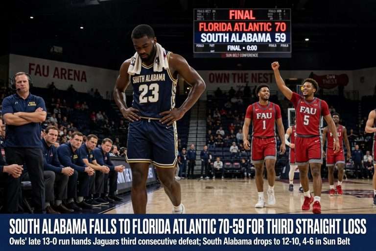 Illustration for the news story: South Alabama Falls to Florida Atlantic 70-59 for Third Straight Loss