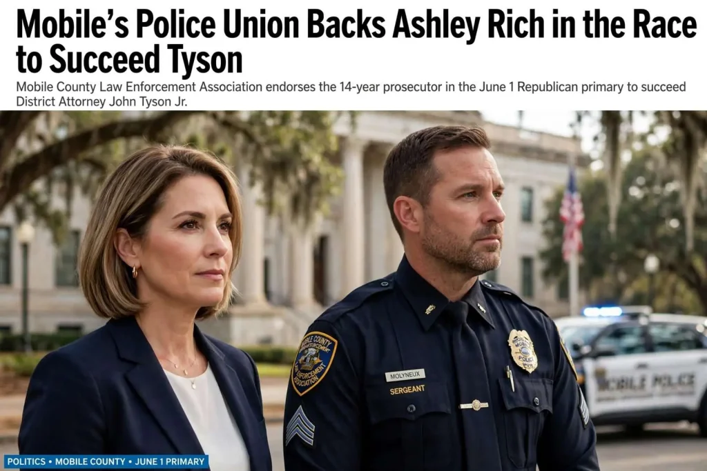 Illustration for the news story: Mobile’s Police Union Backs Ashley Rich in the Race to Succeed Tyson