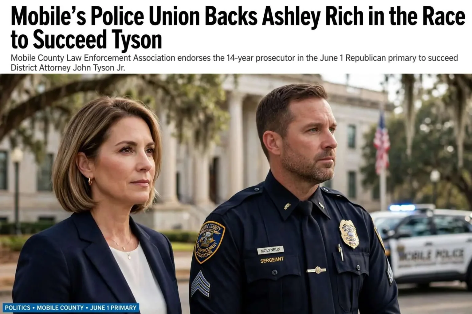 Illustration for the news story: Mobile’s Police Union Backs Ashley Rich in the Race to Succeed Tyson