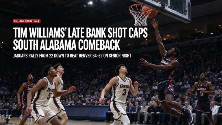 Illustration for the news story: Tim Williams’ Late Bank Shot Caps South Alabama Comeback Over Denver on Senior Night