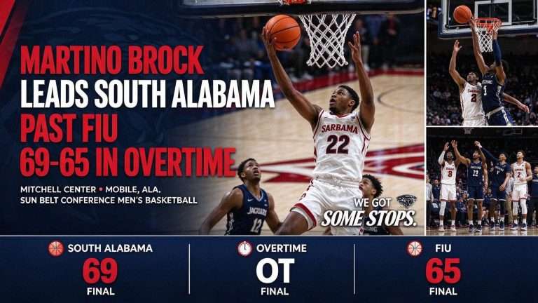 Illustration for the news story: Martino Brock Leads South Alabama Past FIU 69-65 in Overtime at the Mitchell Center