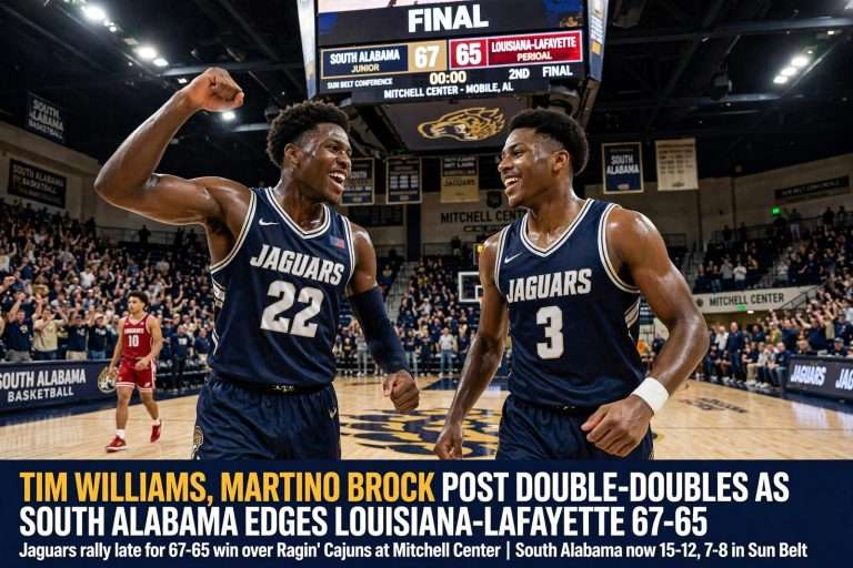 Illustration for the news story: Tim Williams, Martino Brock Post Double-Doubles as South Alabama Edges Louisiana-Lafayette 67-65