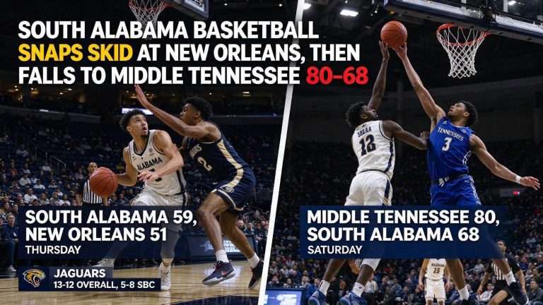 Illustration for the news story: South Alabama Basketball Snaps Skid at New Orleans, Then Falls to Middle Tennessee 80-68