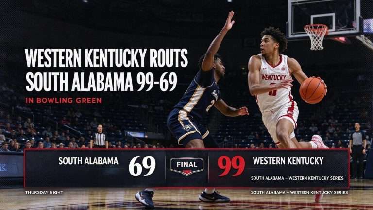 Illustration for the news story: Western Kentucky Routs South Alabama 99-69 in Bowling Green