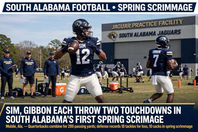 Illustration for the news story: Sim, Gibbon Each Throw Two Touchdowns in South Alabama’s First Spring Scrimmage