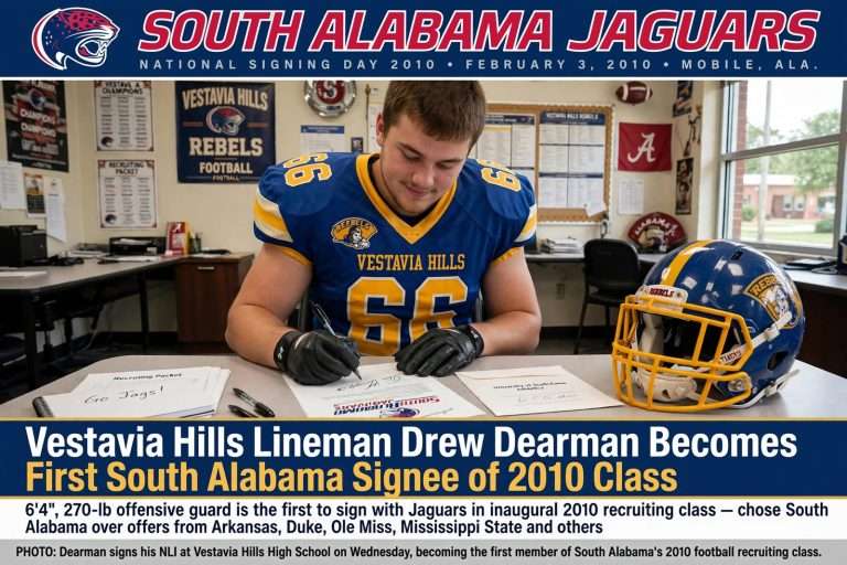 Illustration for the news story: Vestavia Hills Lineman Drew Dearman Becomes First South Alabama Signee of 2010 Class