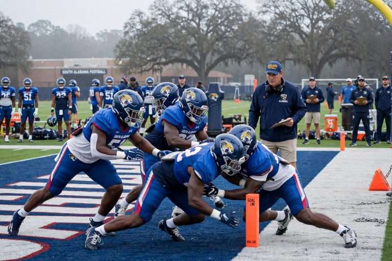 Illustration for the news story: South Alabama Holds First Full-Contact Spring Practice, Emphasizes Goal-Line Situations
