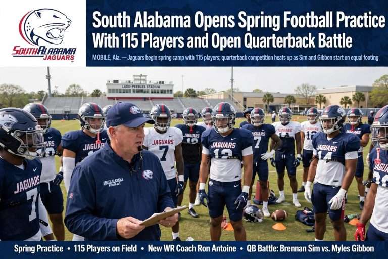 Illustration for the news story: South Alabama Opens Spring Football Practice With 115 Players and Open Quarterback Battle