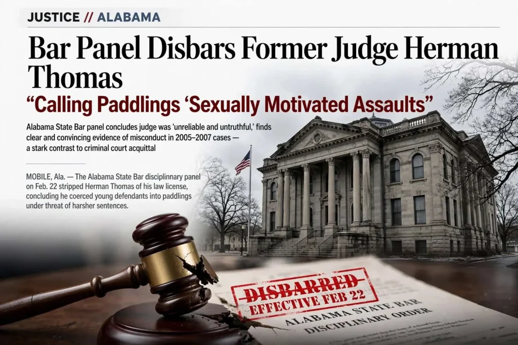 Illustration for the news story: Bar Panel Disbars Former Judge Herman Thomas, Calling Paddlings ‘Sexually Motivated Assaults’