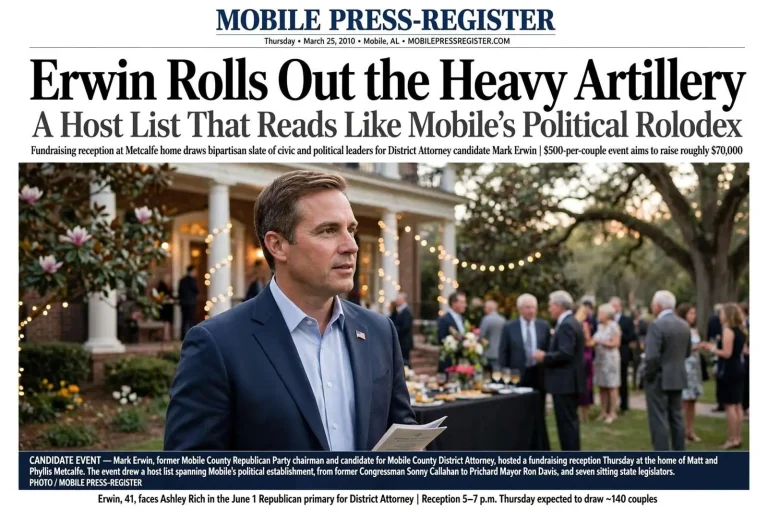 Illustration for the news story: Erwin Rolls Out the Heavy Artillery: A Host List That Reads Like Mobile’s Political Rolodex