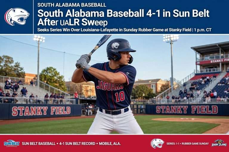 Illustration for the news story: South Alabama Baseball 4-1 in Sun Belt After UALR Sweep, Seeks Series Win Over Louisiana-Lafayette