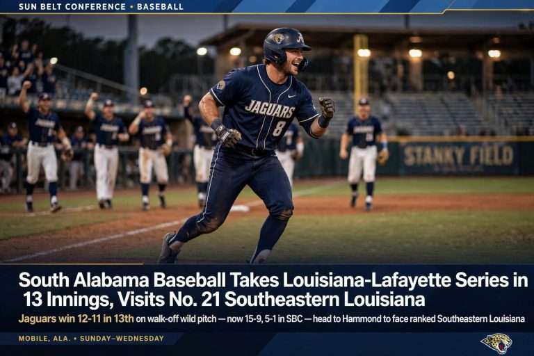 Illustration for the news story: South Alabama Baseball Takes Louisiana-Lafayette Series in 13 Innings, Visits No. 21 Southeastern Louisiana