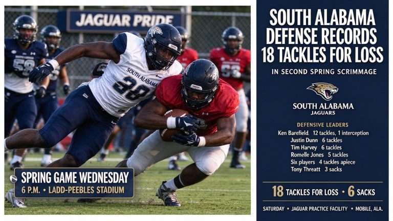 Illustration for the news story: South Alabama Defense Records 18 Tackles for Loss in Second Spring Scrimmage