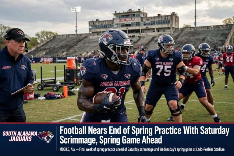 Illustration for the news story: South Alabama Football Nears End of Spring Practice With Saturday Scrimmage, Spring Game Ahead