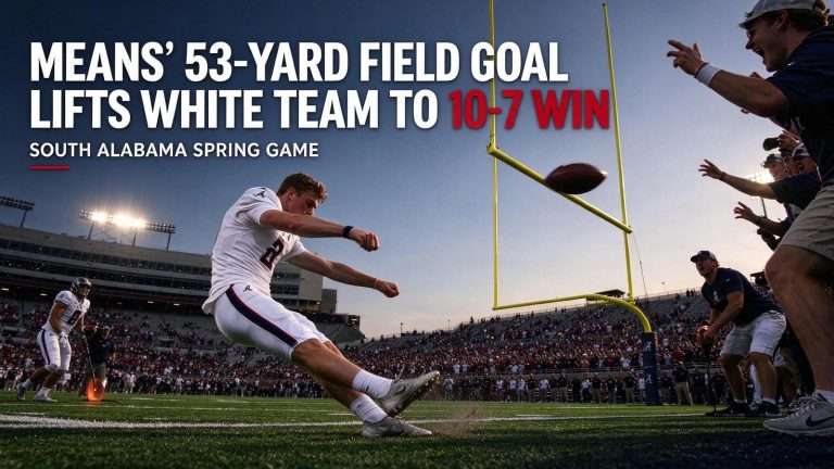 Illustration for the news story: Means’ 53-Yard Field Goal Lifts White Team to 10-7 Win in South Alabama Spring Game