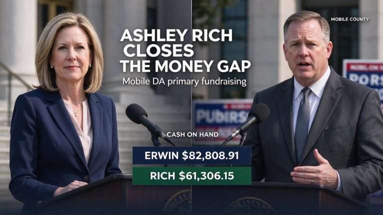 Illustration for the news story: Ashley Rich Closes the Money Gap on Mark Erwin in Mobile DA Race