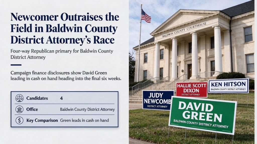Illustration for the news story: Newcomer Outraises the Field in Baldwin County District Attorney’s Race