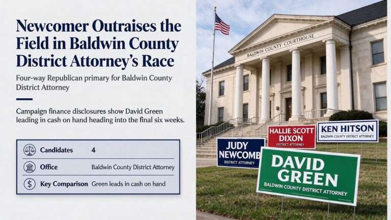Illustration for the news story: Newcomer Outraises the Field in Baldwin County District Attorney’s Race
