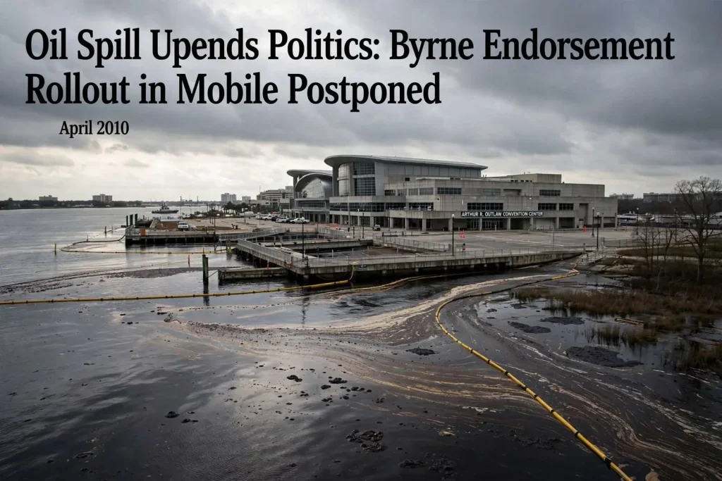 Illustration for the news story: Oil Spill Upends Politics: Byrne Endorsement Rollout in Mobile Postponed