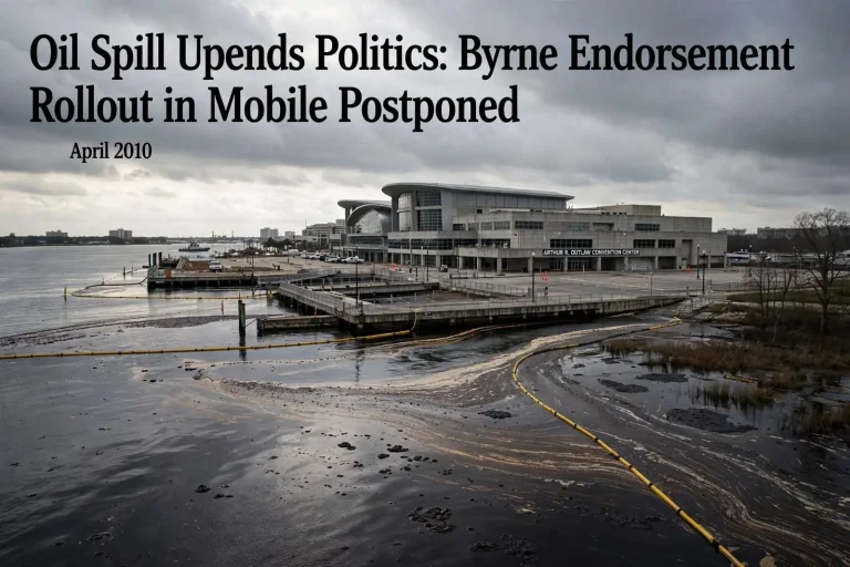 Illustration for the news story: Oil Spill Upends Politics: Byrne Endorsement Rollout in Mobile Postponed