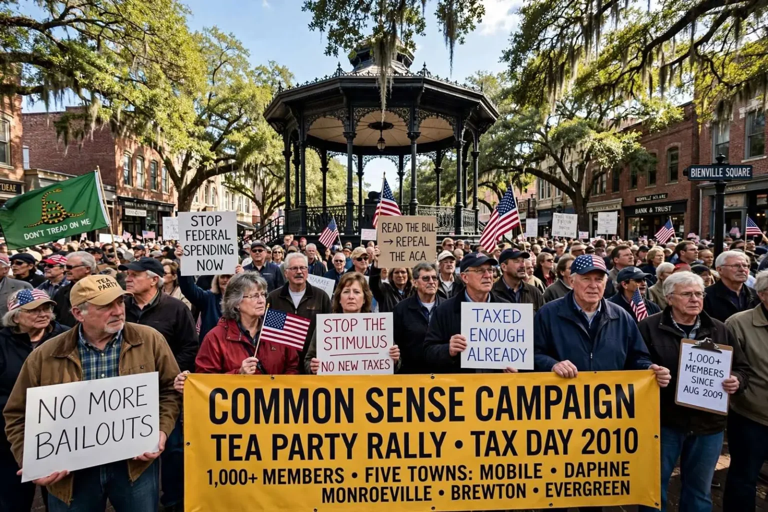 Illustration for the news story: Tea Party Crowds Fill Five South Alabama Towns, Organizers Report 1,000 Members