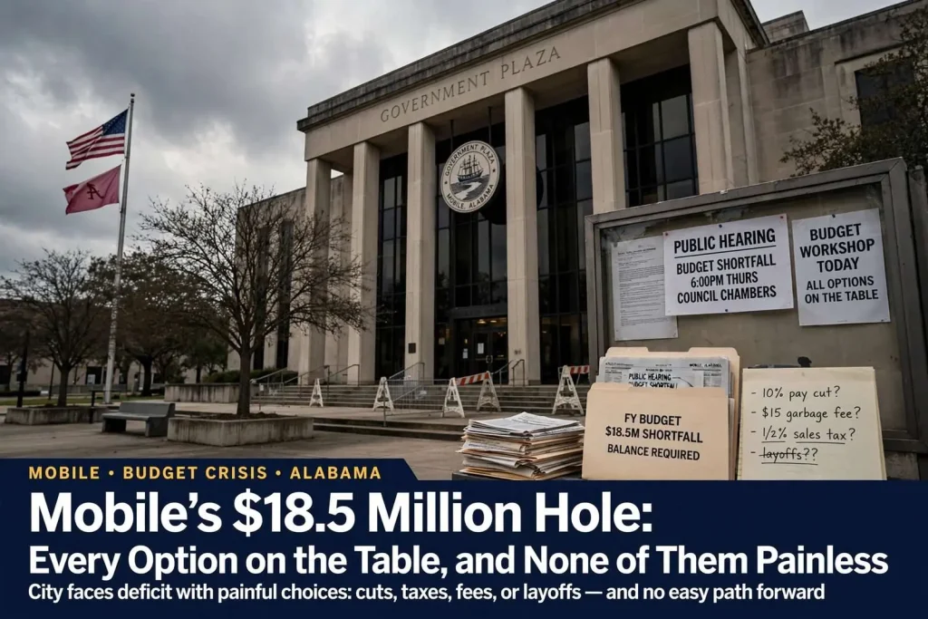 Illustration for the news story: Mobile’s $18.5 Million Hole: Every Option on the Table, and None of Them Painless
