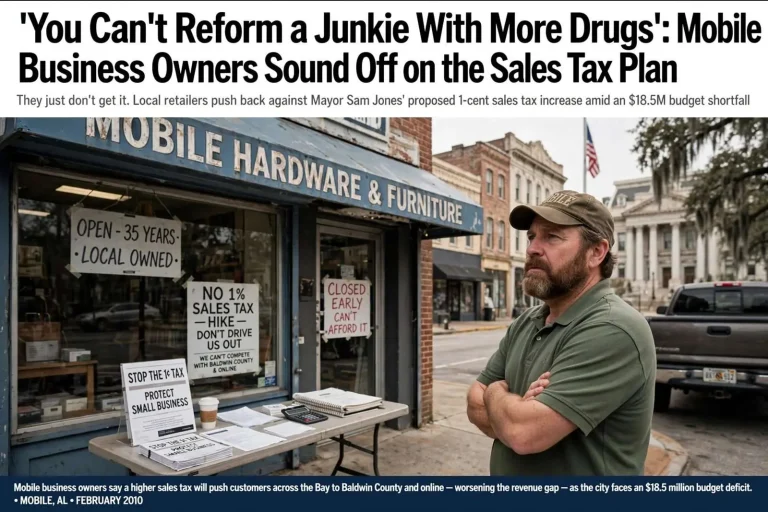 Illustration for the news story: ‘You Can’t Reform a Junkie With More Drugs’: Mobile Business Owners Sound Off on the Sales Tax Plan