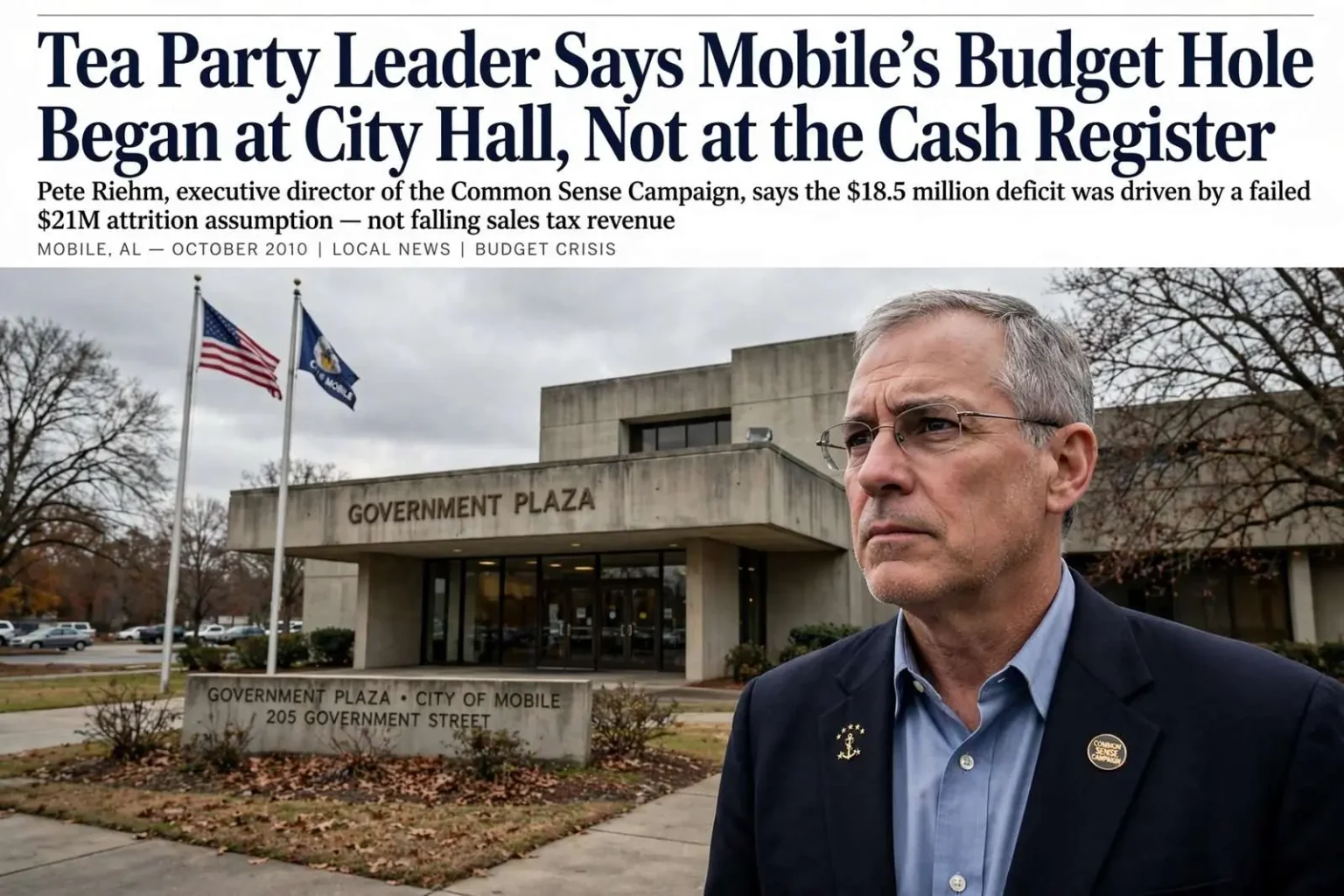 Illustration for the news story: Tea Party Leader Says Mobile’s Budget Hole Began at City Hall, Not at the Cash Register
