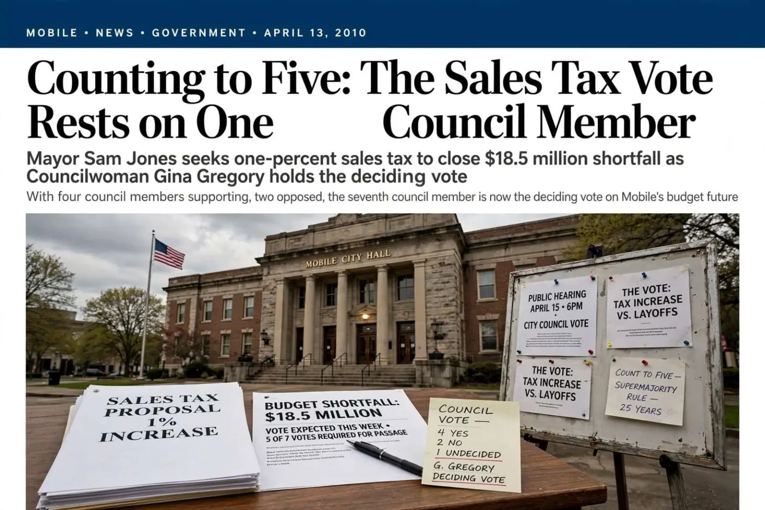 Illustration for the news story: Counting to Five: The Sales Tax Vote Rests on One Council Member