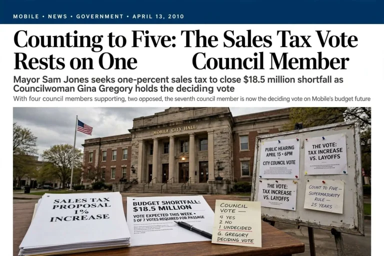 Illustration for the news story: Counting to Five: The Sales Tax Vote Rests on One Council Member