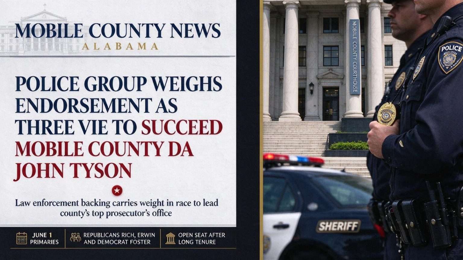 Illustration for the news story: Police Group Weighs Endorsement as Three Vie to Succeed Mobile County DA John Tyson