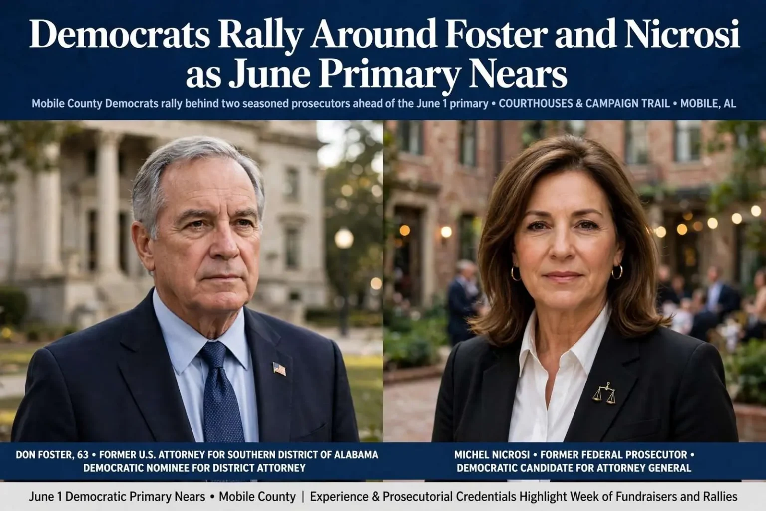 Illustration for the news story: Democrats Rally Around Foster and Nicrosi as June Primary Nears