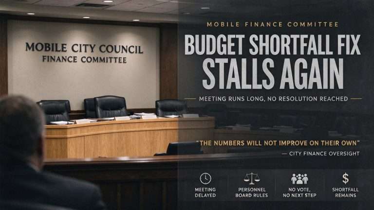 Illustration for the news story: Mobile Finance Committee Meeting Runs Long as Budget Shortfall Fix Stalls Again