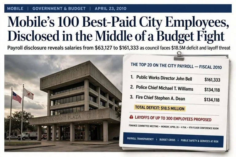 Illustration for the news story: Mobile’s 100 Best-Paid City Employees, Disclosed in the Middle of a Budget Fight