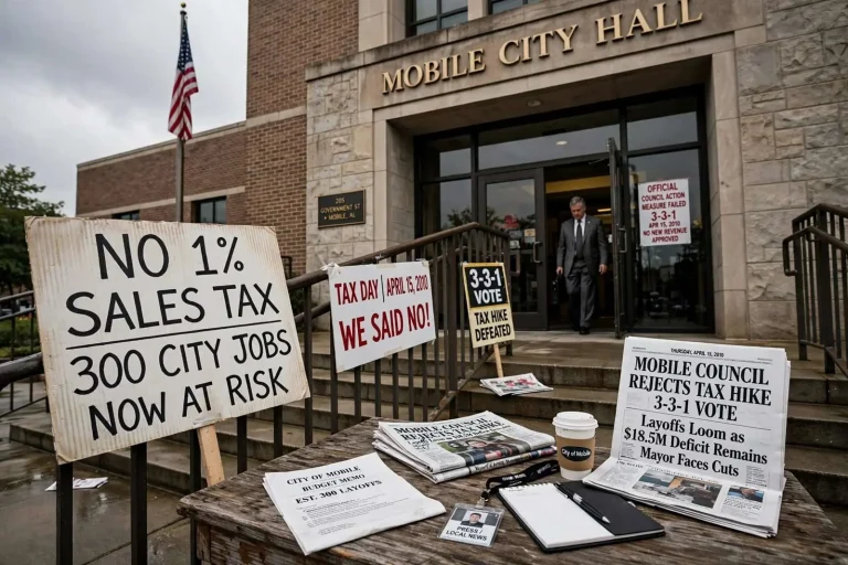 Illustration for the news story: Sales Tax Hike Falls 3-3-1 as Mobile Council Rejects Jones, and Layoffs Loom
