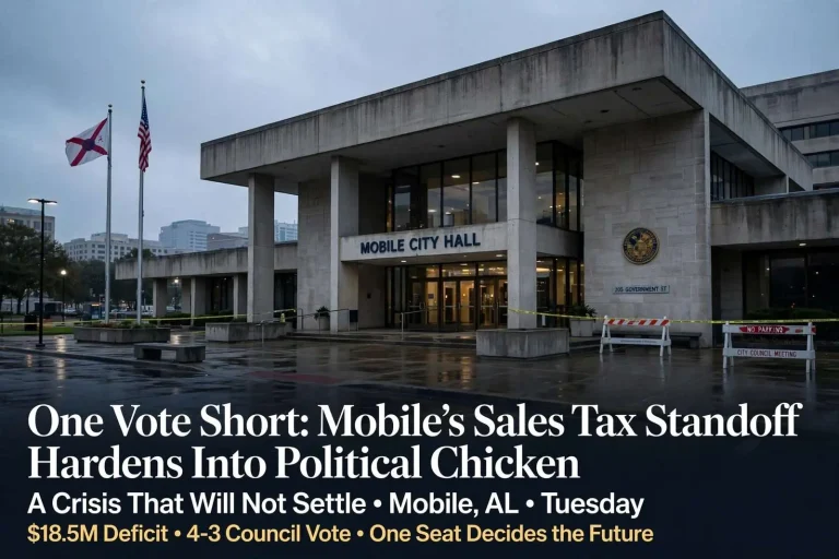 Illustration for the news story: One Vote Short: Mobile’s Sales Tax Standoff Hardens Into Political Chicken