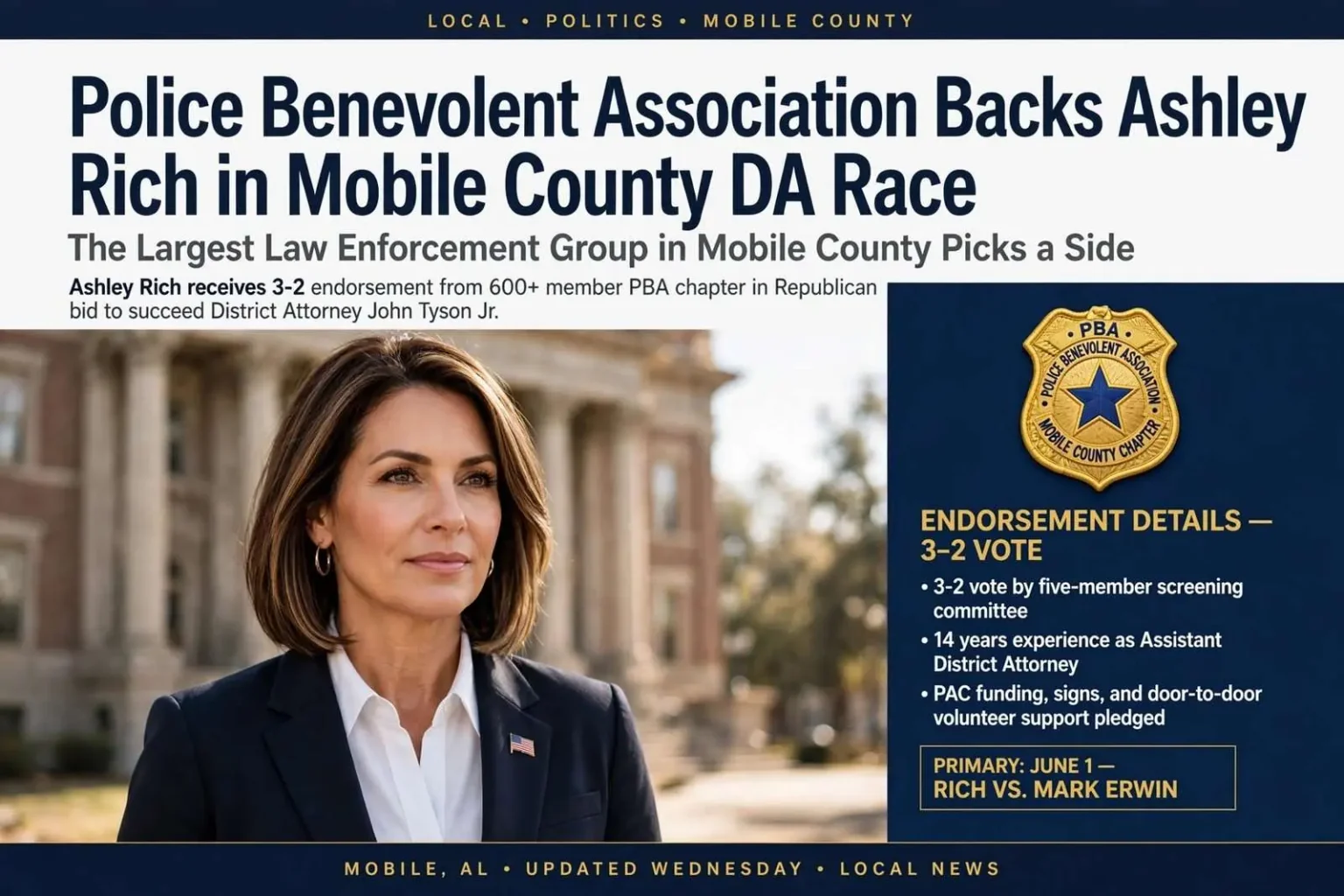 Illustration for the news story: Police Benevolent Association Backs Ashley Rich in Mobile County DA Race