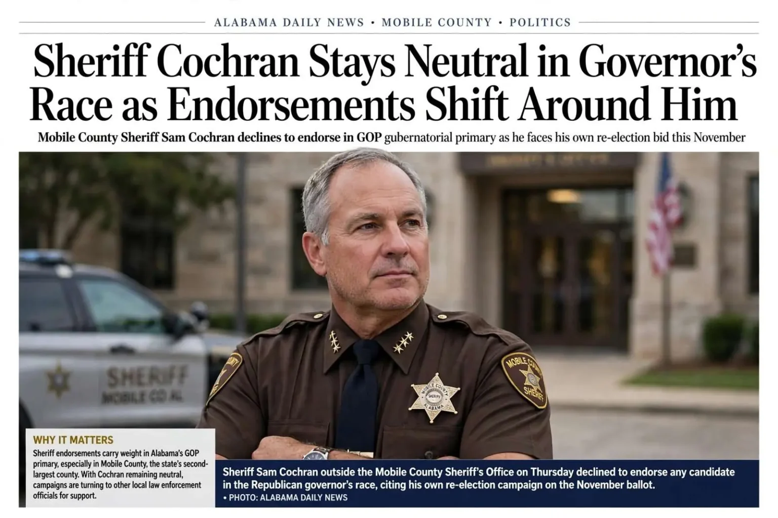 Illustration for the news story: Sheriff Cochran Stays Neutral in Governor’s Race as Endorsements Shift Around Him