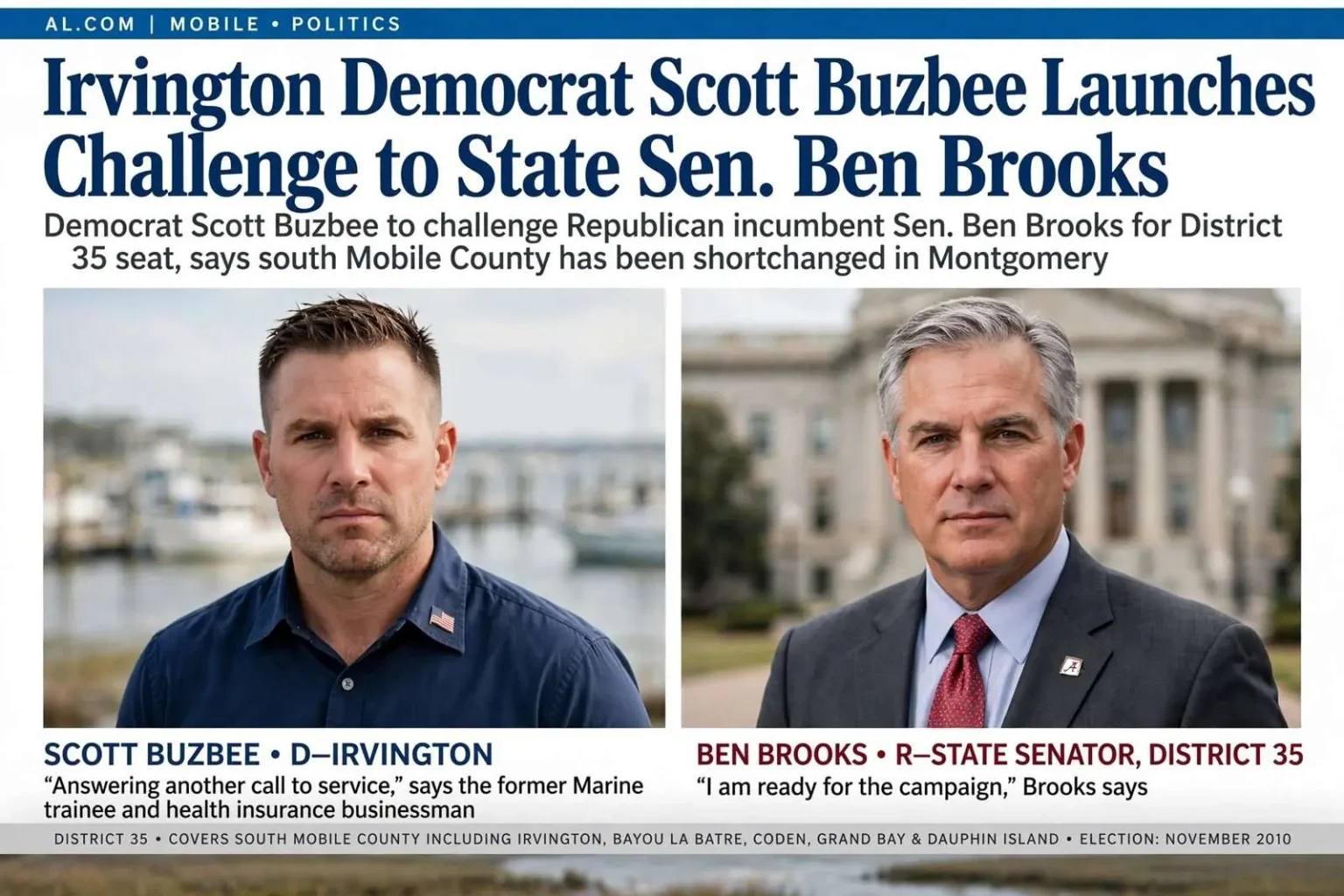 Illustration for the news story: Irvington Democrat Scott Buzbee Launches Challenge to State Sen. Ben Brooks