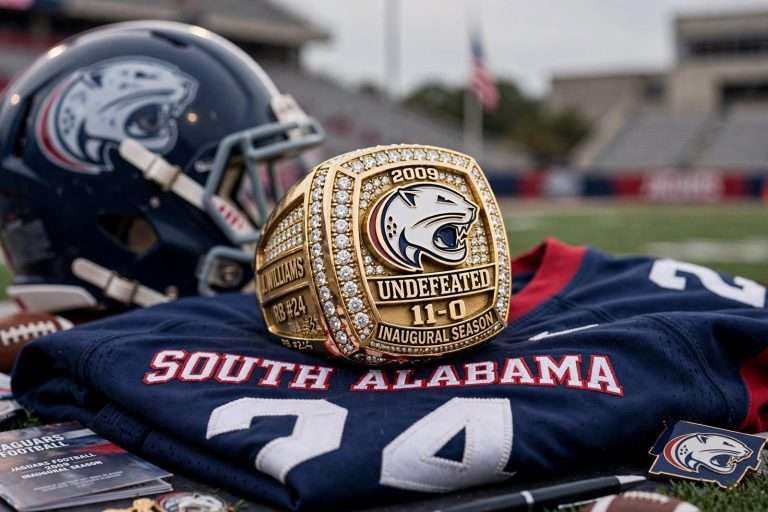 Illustration for the news story: South Alabama Football Players Receive Rings Commemorating Undefeated Inaugural Season