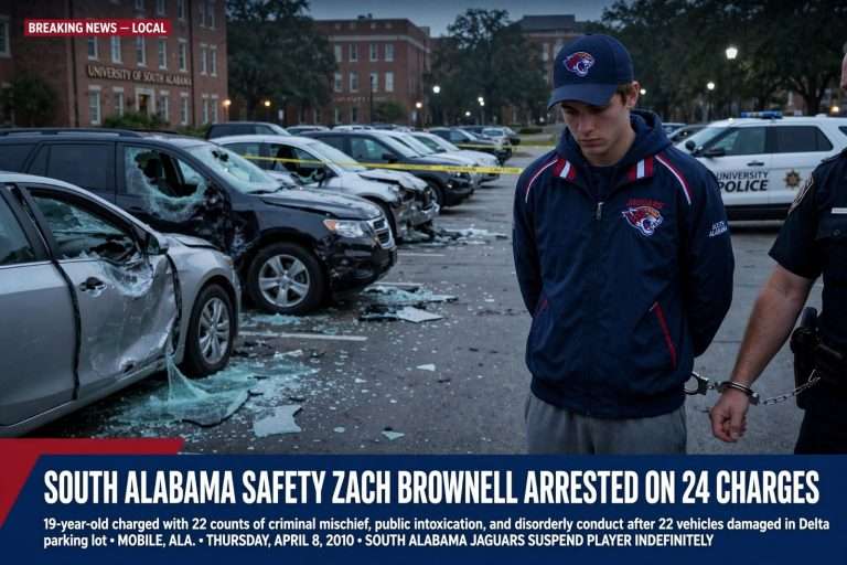 Illustration for the news story: South Alabama Safety Zach Brownell Arrested on 24 Charges After Campus Vehicle Damage